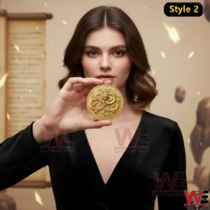 A woman holding a Dragon Ball anniversary coin against an artistic background highlighting the detailed dragon engraving and polished gold surface!