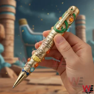 A hand holding a Dragon Ball anniversary collectible pen with gold color engraved characters dragon details and glowing orb decorations!