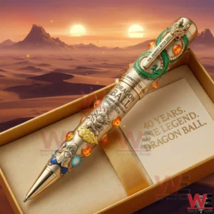 Dragon Ball 40Th Anniversary 1986-2026 Pen 4 A Dragon Ball anniversary pen displayed in an open gift box with decorative interior and dramatic fantasy background!