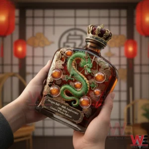 Hands holding a decorative whiskey bottle with a green dragon emblem ornate spheres and a crown cap in a traditional styled interior!