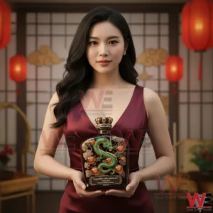 Dragon Ball 40th Anniversary 1986-2026 Limited Edition Whiskey Bottle 3 Woman holding a luxury whiskey bottle with green dragon decoration ornate details and crown cap in an elegant studio environment!
