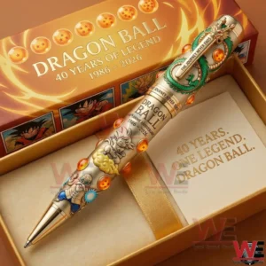 Dragon Ball anniversary pen set inside a golden box with 40 years of legend text and themed character artwork.