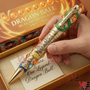 Dragon Ball commemorative pen held by a person with golden anniversary box and themed design visible behind it.