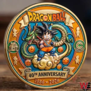 Dragon Ball fortieth anniversary commemorative coin showing a young hero on a cloud with a dragon and orange orbs in a bright detailed metal design!