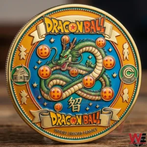 Dragon Ball 40th Anniversary Commemorative Coin 5 Rear view of a Dragon Ball fortieth anniversary commemorative coin with a coiled dragon orange orbs and detailed engraved metal artwork!