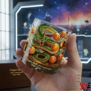 A close up view of a fantasy themed whiskey bottle held in a hand with a green dragon wrapped around glowing orbs and intricate decorative details!