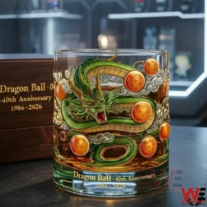 A decorative whiskey bottle with a green dragon and glowing orbs displayed on a wooden table with soft warm lights and a refined interior background!