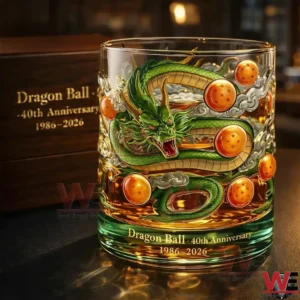 A stylized whiskey bottle with a green dragon and glowing orbs displayed in a peaceful Japanese garden with lanterns bamboo and blossoms!