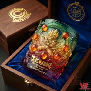 Dragon Ball anniversary whiskey glass resting in a wooden box with vibrant character design and collectible presentation!