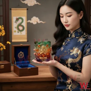 Dragon Ball Goku 1986-2026 Whiskey Glass 3 Model holding a Dragon Ball anniversary whiskey glass with detailed dragon design in a calm traditional interior!
