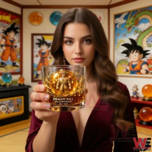 Portrait of a woman holding a Dragon Ball commemorative whisky glass with a golden warrior design surrounded by Dragon Ball themed decorations and collectibles in the background!