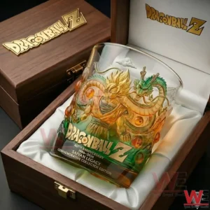 A Dragon Ball Z collector glass with detailed anime artwork is showcased inside an open wooden presentation box with soft fabric lining and clear focus on the glass!