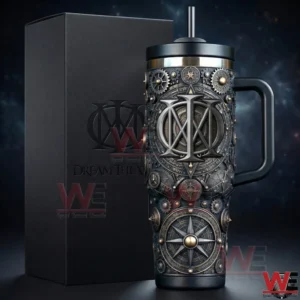 Dream Theater themed tumbler with handle and straw featuring mechanical gear designs displayed next to a black presentation box!