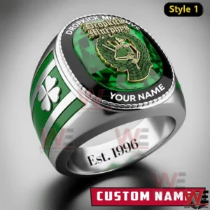Silver and green custom Dropkick Murphys ring with emerald style face crest emblem band name clover side symbol and Est 1996 engraving inside!
