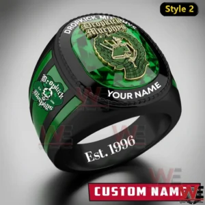 Black and green Dropkick Murphys custom ring with emerald green face crest emblem band name custom name area green side accents and Est 1996 engraving inside!