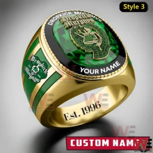 Gold and green Dropkick Murphys custom ring with emerald green face crest emblem band name personalized name section green side details and Est 1996 engraving inside!