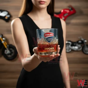 The image presents a person holding a decorated Ducati themed whiskey glass with rich amber liquid and a refined motorbike display behind!