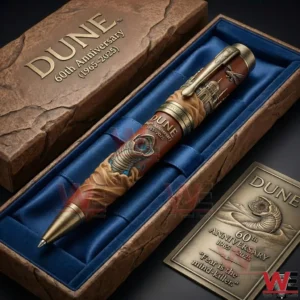 Dune anniversary collectible pen displayed in a decorative box featuring sandworm design and cinematic science fiction details!