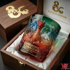 Dungeons Dragons fiftieth anniversary whiskey glass with colorful dragon artwork in a wooden box!