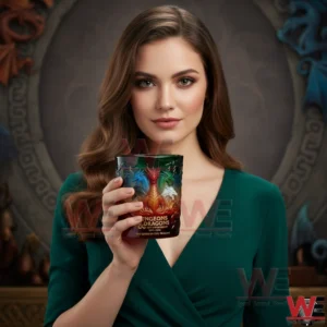 Woman holding a Dungeons Dragons anniversary whiskey glass with dragon design!