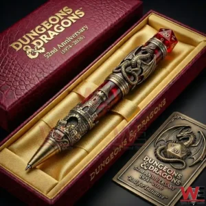 A Dungeons And Dragons Themed Pen Shown In A Gift Box With A Red Dice Topper Dragon Emblem And 52nd Anniversary Branding!