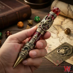 A Close Up Of A Dungeons And Dragons Collectible Pen In A Person Hand With A Dragon Wrap Design And Tabletop Gaming Props In The Background!