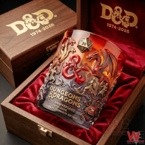 Dungeons and Dragons anniversary whiskey glass placed inside a wooden gift box with red fabric lining and intricate fantasy themed design!