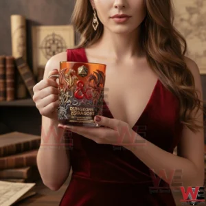 Woman holding a Dungeons and Dragons anniversary whiskey glass in a vintage study environment with fantasy atmosphere!