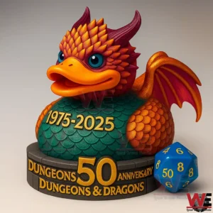 Colorful Dungeons And Dragons 50th anniversary dragon duck figure on a round base with 1975 2025 text and a blue dice on a neutral background!