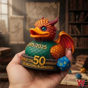 Person holding a Dungeons And Dragons 50th anniversary dragon duck figure with a blue dice in a tabletop gaming room with books and maps in the background!