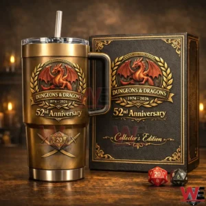 Bronze Dungeons And Dragons 52nd anniversary tumbler with handle and straw next to a matching collector edition gift box with dragon crest laurel wreath and fantasy dice emblem