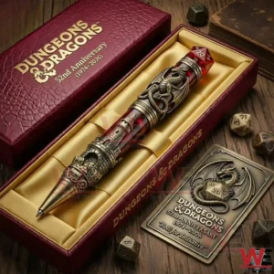 Dungeons And Dragons 52Nd Anniversary 1974-2026 Pen 6 A luxury Dungeons Dragons themed pen resting inside an open presentation box with anniversary branding and fantasy dice nearby!