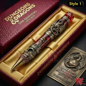 Dungeons And Dragons 52Nd Anniversary 1974-2026 Pen 7 Closeup of a Dungeons Dragons anniversary collectible pen with dragon detailing displayed in a premium gold lined presentation box!
