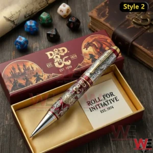Dungeons And Dragons 52Nd Anniversary 1974-2026 Pen 8 A fantasy themed collectible pen with detailed artwork displayed in an open gift box with a Roll For Initiative card and dice in the background!