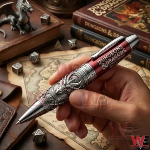 Hand holding a fantasy themed metal pen with dragon details above a tabletop gaming map and dice!