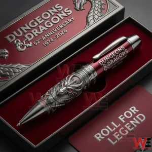 Dungeons And Dragons 52Nd Anniversary 1974-2026 Roll for Legend Pen 4 Dragon themed collectible metal pen displayed inside an open presentation box with rich red interior!