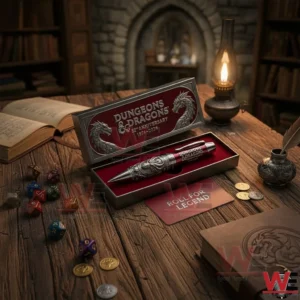 Dungeons And Dragons 52Nd Anniversary 1974-2026 Roll for Legend Pen 5 Fantasy themed collectible metal pen in an open box on a wooden table with books dice and classic gaming items!