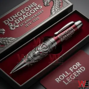 Dungeons And Dragons anniversary pen in an open red velvet gift box with dragon detailing and a matching lid that reads fifty second anniversary 1974 2026.