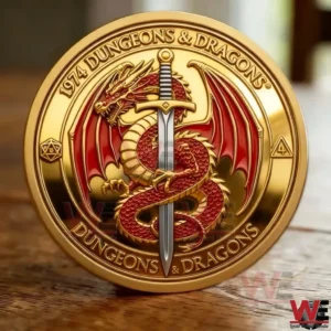 Gold Dungeons Dragons collectible coin with a dragon and sword design displayed on a wooden surface!