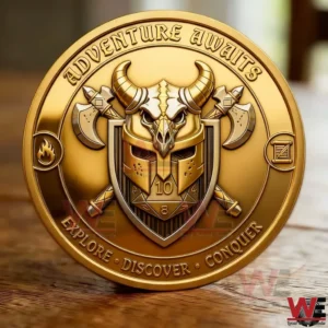Dungeons and Dragons Adventure Awaits Coin 4 Gold Dungeons Dragons adventure coin with horned helmet shield and fantasy symbols on a wooden surface!