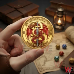 Dungeons and Dragons Adventure Awaits Coin 5 Hand holding a Dungeons Dragons collectible coin above dice maps and tabletop gaming accessories!