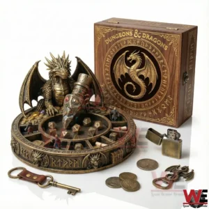Dragon themed tabletop organizer holding dice coins and mini figures with a decorative box and fantasy accessories!