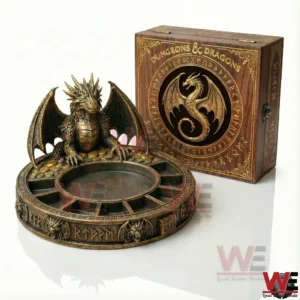 Ornate dragon coin tray with detailed sculpting next to a fantasy themed wooden box!