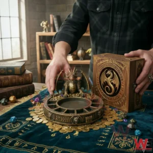 Hands setting a dragon themed coin tray on a tabletop game mat with books dice and coins nearby!