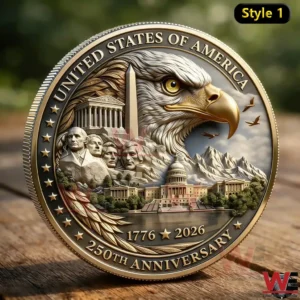 Close up of a United States of America 250th anniversary coin with an eagle head and famous national landmarks and the dates 1776 and 2026.