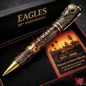 Luxury eagles commemorative pen with ornate eagle head design shown inside a black gift box with a matching anniversary card.