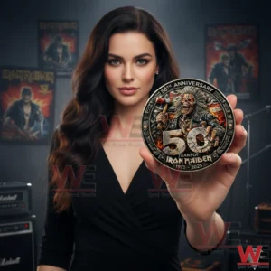 Woman holding Iron Maiden fifty year anniversary coin!