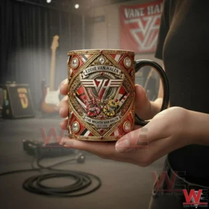 Eddie Van Halen The Mighty Mug 5 Hands holding an Eddie Van Halen themed mug in a music studio!