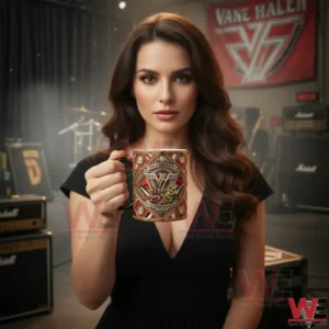 Eddie Van Halen The Mighty Mug 7 Woman holding an Eddie Van Halen themed mug on a music stage!