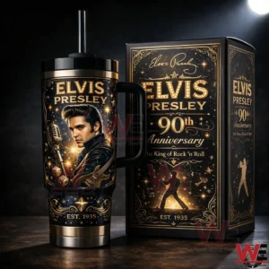 Elvis Presley themed insulated tumbler with black handle and straw beside a matching black and gold anniversary gift box!